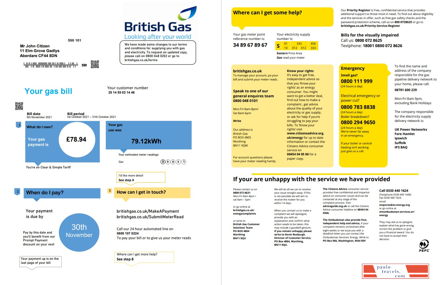 United Kingdom British Gas utility bill template in Word and PDF format fully editable (2 pages) version 1